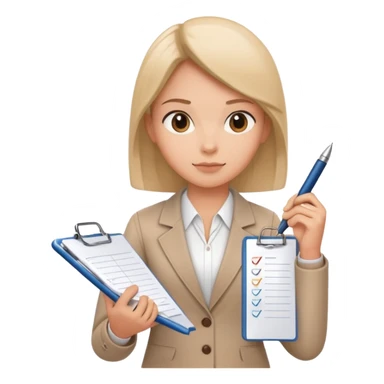 a person holding a checklist and pen, wearing smart casual clothing. The character is in a focused pose sticker