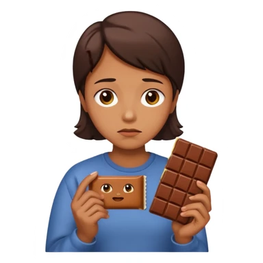 sad person emoji in Apple style holding a chocolate bar in hand, sad facial expression, compact sticker