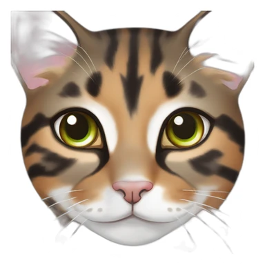 young striped calico cat face with a pink nose, white chin, green eyes, and orange/brown markings sticker