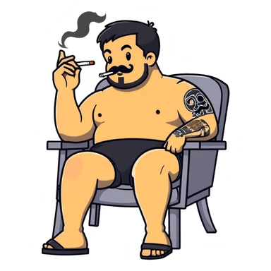 Heavy-set man leaning back in chair with legs spread, smoking cigarette, exposed belly, round face, short black hair, beard with mustache, black t-shirt with light stripes on top portion, sleeves rolled up, black shorts, arms decorated with distinct black graphic tattoo patterns sticker