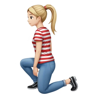 young woman with ponytail wearing jeans and striped t-shirt kneeling viewed from behind sticker