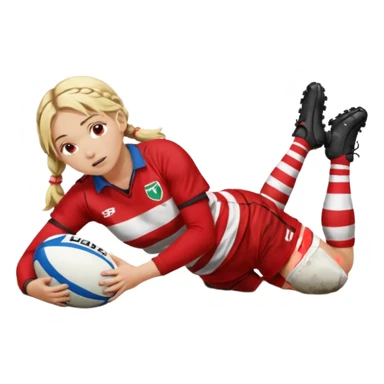 Emoji estilo iPhone de Chica de pelo rubio tirada en el suelo boca abajo agarrando un balón DE RUGBY con las manos vestida con una equipación de color rojo y blanco con líneas, manchada de barro y con unas botas de tacos de fútbol y el pelo con trenzas, se la tienen que ver las 2 piernas  sticker