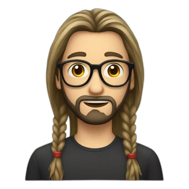 A boy with long tied hair and a beard with elongated glasses with black frames and red lenses sticker