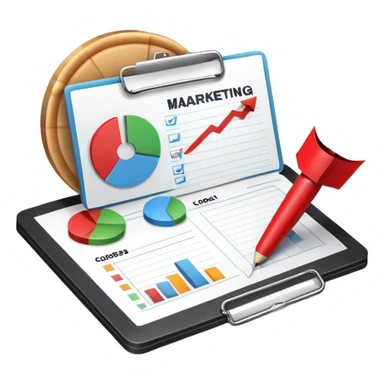 An icon featuring a pie chart, a clipboard with a checklist, and a megaphone, symbolizing management and marketing. The design includes upward-trending graphs and a target with an arrow, representing strategy and success. Transparent background highlights business organization and promotion. sticker