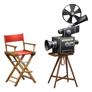 Icon for Directing: a director's chair, a film clapperboard, large movie camera, vintage megaphone and a stage with a spotlight. The icon should represent the creative and organizational aspects of directing, with focus on storytelling, staging, and performance. Transparent background. sticker