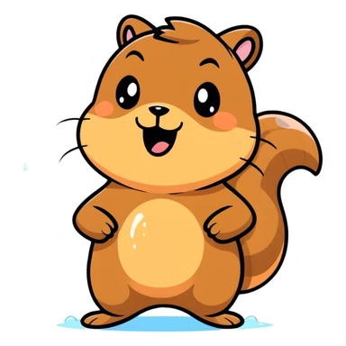 Cartoon squirrel with light brown fur, pointy ears, bushy tail, chubby cheeks with a large puddle of drool dripping from wide open mouth, extremely hungry sticker