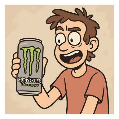 a hand holding a Monster energy drink can, cartoon style sticker