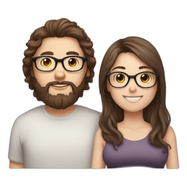 Pregnant girl with half long brown hair with glasses, a boy with long beard, glasses and short hair and english sheepdog sticker