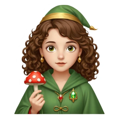 very beautiful italian girl, hazelnut brown eyes, looking like Emma Watson, with curly and big volume very bright brown hair, and a golden piercing ring in nose on left side, dressed in a beautiful wizard robe of green colors, holding red fly mushroom sticker