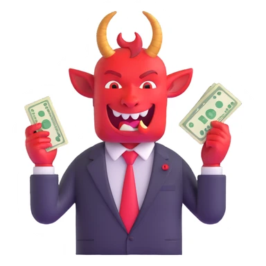 red devil with horns in business suit counting cash with greedy expression sticker