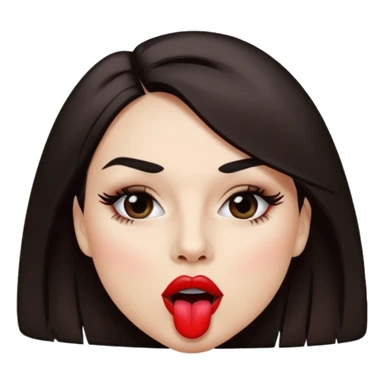 woman with dark brown hair wearing black band over eyes with tongue out sticker