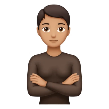 Minimalist human silhouette, upper body only, arms crossed, no facial features, solid dark shape, flat icon style, centered, transparent background sticker