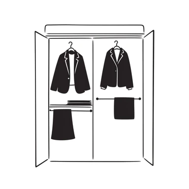 Hand-drawn minimalist wardrobe, slightly open revealing neatly arranged business attire sticker
