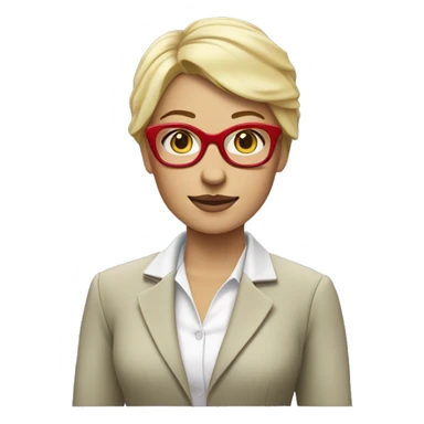 Blonde woman with short hair, greenish eyes, purple square glasses, wearing a white blouse with a red blazer on top.  sticker