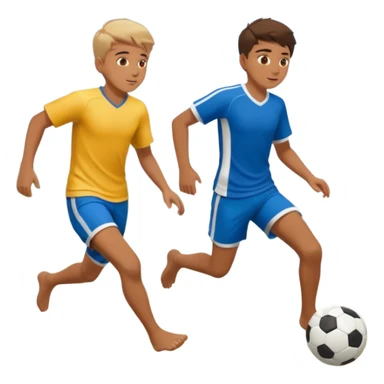 Two boys playing soccer at the beach no shirts. sticker
