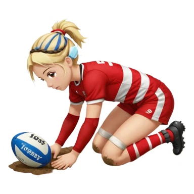 Emoji estilo iPhone de Chica de pelo rubio tirada en el suelo boca abajo agarrando un balón DE RUGBY con las manos vestida con una equipación de color rojo y blanco con líneas, manchada de barro y con unas botas de tacos de fútbol y el pelo con trenzas, se la tienen que ver las 2 piernas  sticker