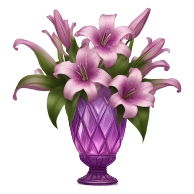 A luxurious bouquet of violet lilies in an ornate Pink crystal vase, placed on an antique wooden table with soft candlelight reflecting off its petals. sticker