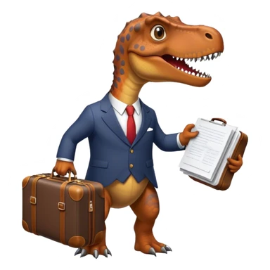 office Dinosaur in a suit, a huge luggage full of papers, trip sticker