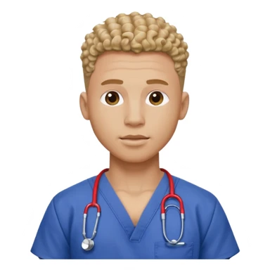 Ripped, athletic man with thick neck, high top fade with no part, curly hair only top only, no shirt and show waistline up add scrubs sticker
