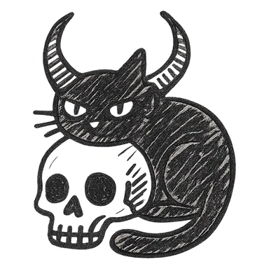 black cat with oversized demon horns, curled around a human skull, hand drawn style, expressive linework, no fill sticker