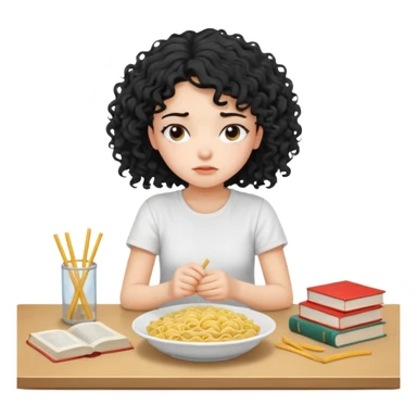 generate a pretty bratz fair skinned girl with curly black hair wearing a white tshirt sitting on a table with noodles and books. looking sleepy and tired sticker