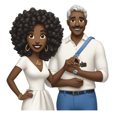 Brown Black woman in her mid-20s with blowout curls, wearing a white dress, holding a blue mini Hermes Kelly BAG, and a 7-carat ring. A White  man with blue eyes, dark grey hair, mustache, and an expensive watch, smiling at her.” sticker
