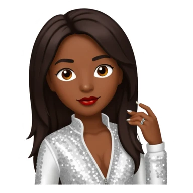 Chilli from TLC with dark skin, long dark brown hair, white sequin outfit sticker