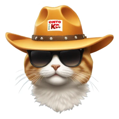 A cat with a cowboy hat, KFC Cool, sunglasses walking away from a fire with a hat sticker