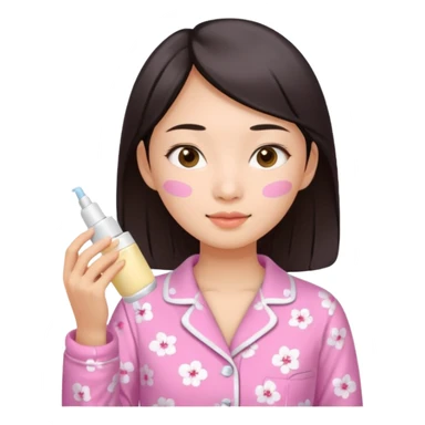 angelic asian girl doing skin care in pink pajamas, applying cream to her face sticker