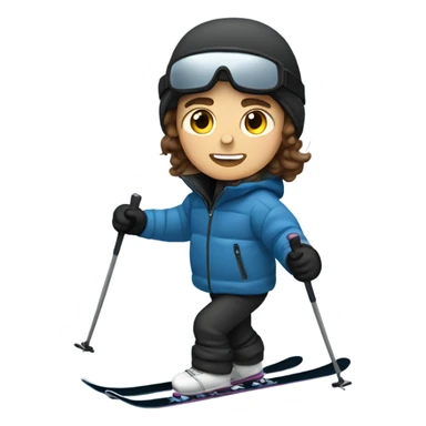 1 white Boy with wavy brown hair skiing with blue skis. He is wearing all black snow pants and a gray jacket   sticker
