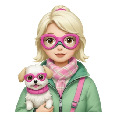 female character in cozy winter outfit, soft pastel green jacket, beige plaid scarf, snorkel mask with pink detailing, holding cute white Maltese dog, happy expression, bright and clear, Apple emoji style sticker