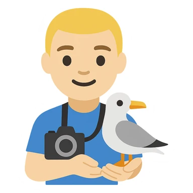 Minimalist emoji-style illustration of a smiling photographer holding a seagull in their hands and a camera around the neck. Simplified, clean lines, vibrant colors, small size sticker