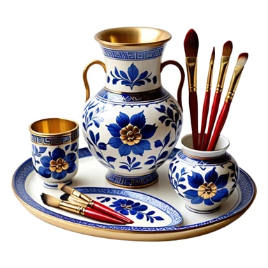 Metal painting icon, a metal vase, tray and one metal cup with 3 brushes, each decorated with different techniques: Gzhel-style blue floral patterns, Chinese red and gold designs, and intricate Golden embroidery-style details. Visible fine paintbrush, paint pots, and accessories like porcelain palette, minimalistic style, clean lines, transparent background. sticker