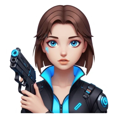 Neon cyberpunk style 
girl with brown hair and blue eyes 
shoots sticker