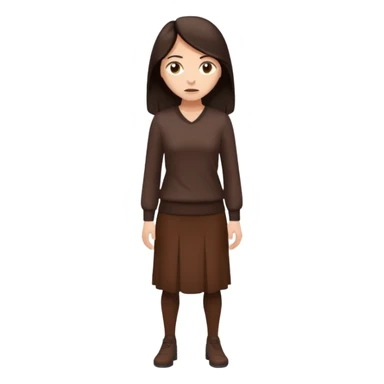 =Cartoon emoji of a woman with long, loose dark hair, wearing chocolate-colored clothes. Full-height, standing, nervous, unsure, worried expression. Slightly hunched, anxious posture. Smooth, simple, stylized sticker