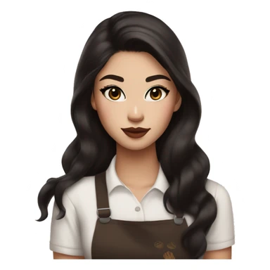 Beautiful half white half asian starbucks barista with long dark brown hair and cat eye makeup and glossy lips and blush sticker