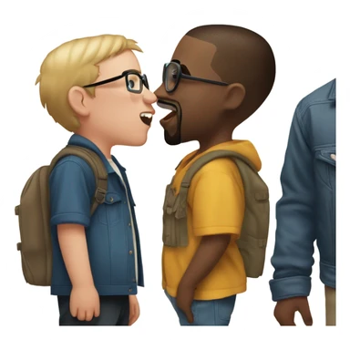 A white boy standing next to Kanye west, and Kanye west is giving his a kiss on the cheek, the boy is looking at the camera and Kanye west is looking at the boy, and another boy who is the same age with glasses is screaming sticker
