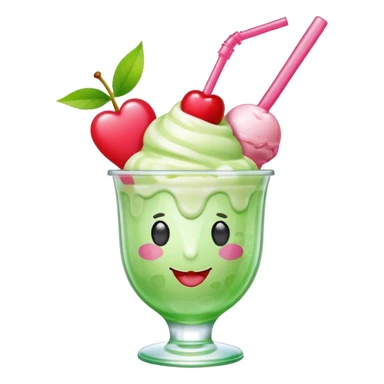Create an emoji with a clear rounded glass, bright transparent green soda, vanilla ice cream scoop, two red cherries, pink heart-shaped straw, simple shapes, bright colors, glossy, kawaii style, centered, transparent background
 sticker