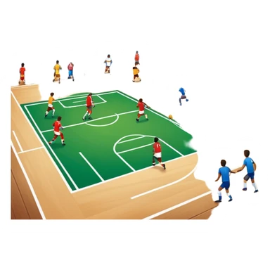 A mini-football match in an indoor sports hall with wooden flooring and clear field markings. The scene shows a vibrant game in action, with players positioned on the court, the goalposts visible, and the atmosphere filled with energy and focus. sticker