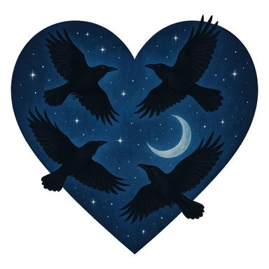  heart with blue night sky and dark ravens, remove background sticker