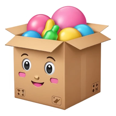 cardboard box with toys, pink sticker