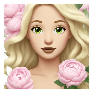 White girl with long light blonde hair and green eyes with light pink peonies in hair white skin light pink lips sticker