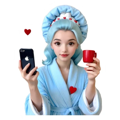 a girl taking a mirror selfie with her iPhone. She’s wearing a light blue, soft-looking robe and has big rollers in her hair, like she’s getting ready for the day. She’s holding a white cup with little red hearts on it, placed on a matching saucer. sticker