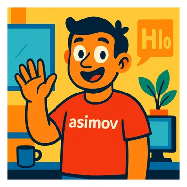an office worker wearing a red t-shirt with the word 'asimov' printed on it, waving and saying hello, friendly expression, simple background, vibrant toon style sticker