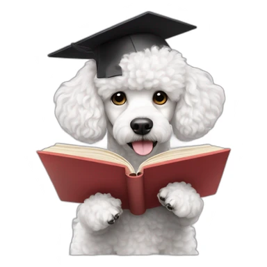 a white coco poodle dog with cute eyes looking at screen with a graduation hat and book sticker