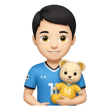 Un enfant qui a les cheveux noir sur le coter qui sourit il a un maillot de l’om et qui a un petit doudou jaune sur son epaule sticker