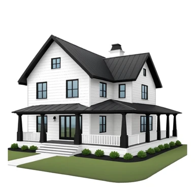 modern farmhouse with white siding, black roof and black trim, exterior view, 3d sticker