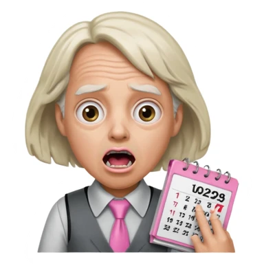 Doc Brown, in Back to the Future, looking shocked, mouth wide open, with a shocked expression. Without glasses. Wearing a silver dress with black trim, a pink collared shirt and a white tie, holding a calendar. sticker