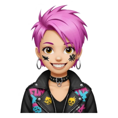 a punk girl with neck-length dyed hair and wear a punk graffiti jacket with black choker grin playfully  sticker