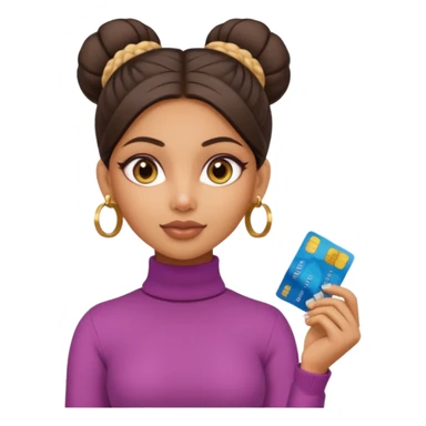 a pretty bratz fair indian girl wearing a beige turtleneck, golden earrings, bun, holding bank cards sticker